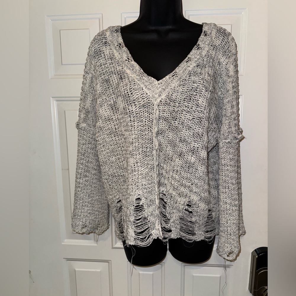 POL Distressed Gray V-Neck Sweater